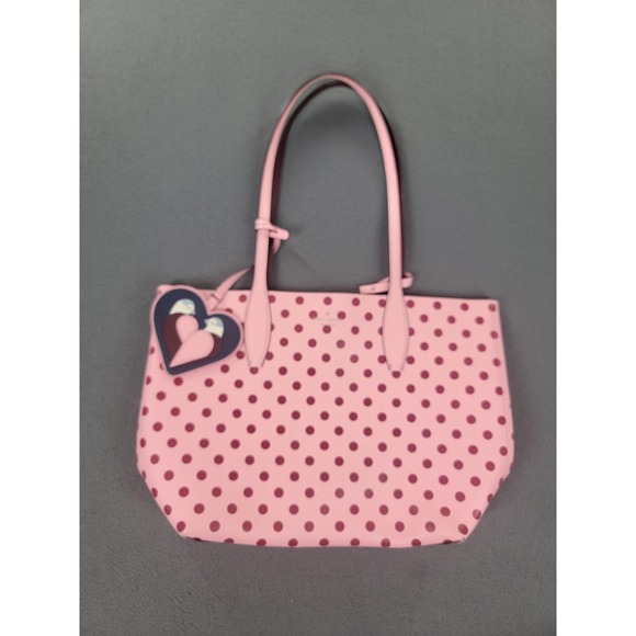 Kate Spade New York Tote Bag Womens Pink Polka Dot Leather Heart Charm Pouch